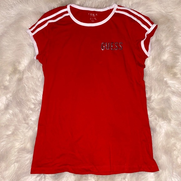 Guess Tops - Sequin GUESS logo red stripe tee